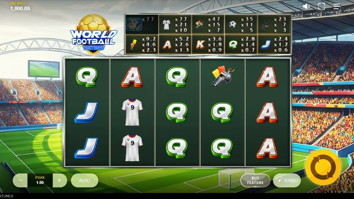 Tampilan visual slot World Football Fortunes dengan latar belakang stadion sepak bola yang megah.