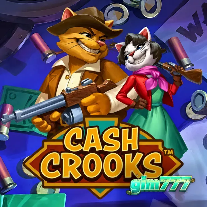 Tampilan layar permainan slot Cash Crooks dengan karakter kucing pencuri dan sistem Vault Dial.