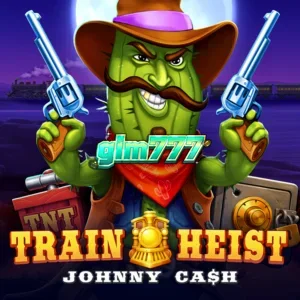 Tampilan visual grid 7x7 slot Train Heist Johnny Cash dengan latar belakang kereta api Wild West